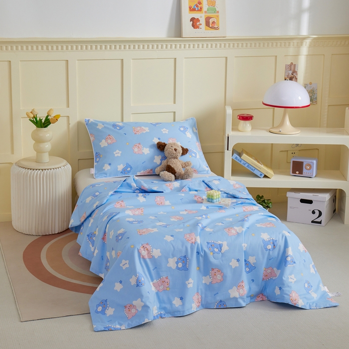 91家纺网 家纺一手货源 找家纺 ds生活馆 2025新款儿童学生纯棉精梳棉系列单夏被 星星恐龙蓝