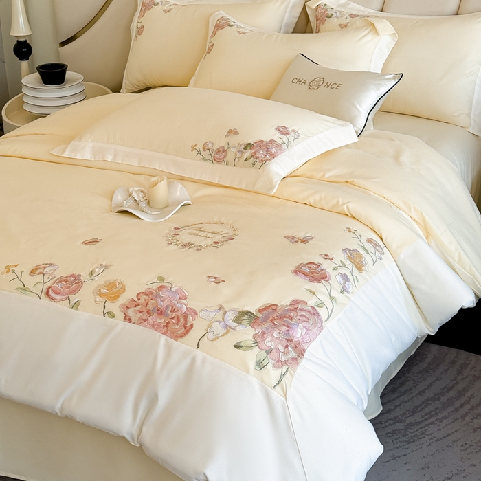 91家纺网 家纺一手货源 找家纺 恋之语 2025新款水洗棉刺绣四件套-伊莉莎 伊莉莎-黄