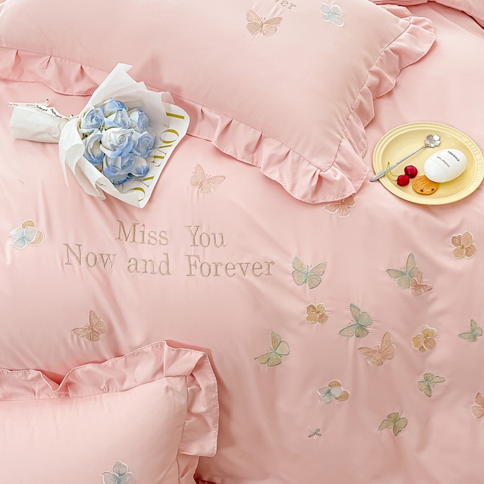 91家纺网 家纺一手货源 找家纺 （总）恋之语 2025新款水洗棉刺绣花边四件套-蝶羽