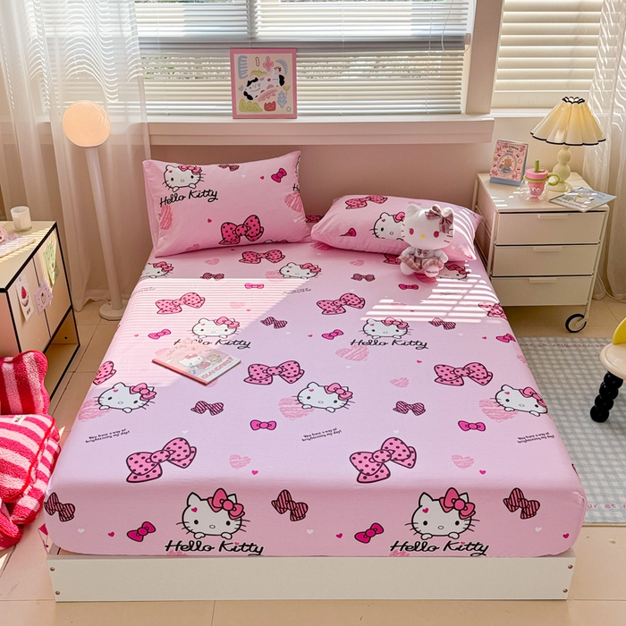 91家纺网 家纺一手货源 找家纺 呗旺鹿 2025新款正版三丽鸥全棉13372单品床笠 开心凯蒂