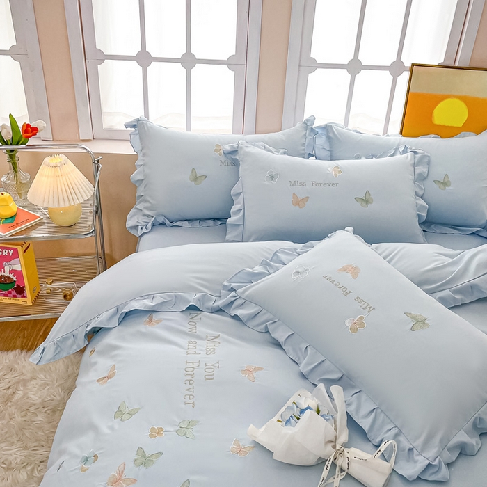 91家纺网 家纺一手货源 找家纺 恋之语 2025新款水洗棉刺绣花边四件套-蝶羽 蝶羽-蓝