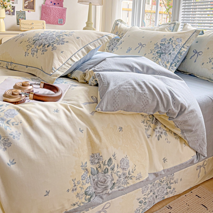 91家纺网 家纺一手货源 找家纺 暖芯优选 2025新款全棉纯棉一字绣四件套系列 花影轻颜