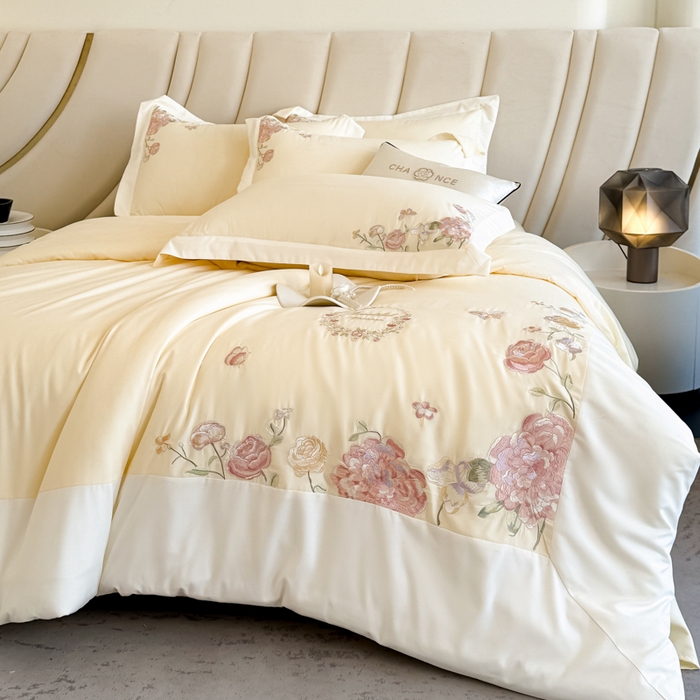 91家纺网 家纺一手货源 找家纺 恋之语 2025新款水洗棉刺绣四件套-伊莉莎 伊莉莎-黄