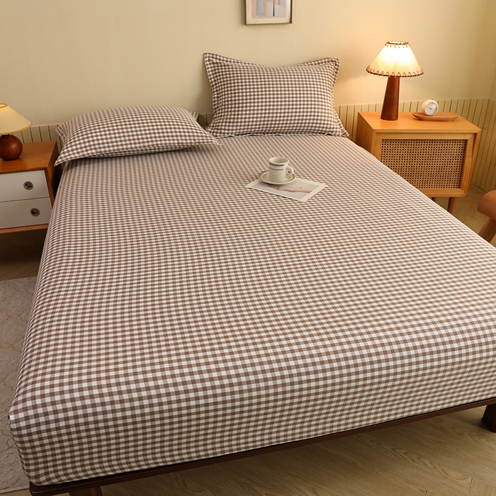 91家纺网 家纺一手货源 找家纺 绒多多 2025新款简约水洗棉色织床笠 咖小格