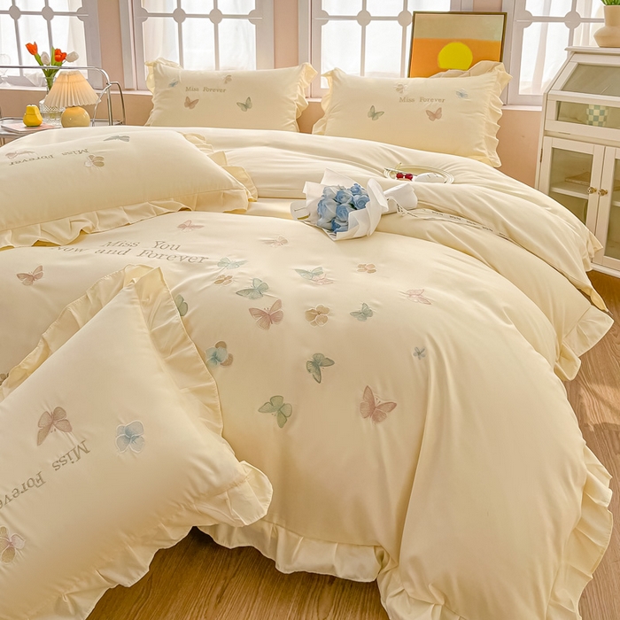 91家纺网 家纺一手货源 找家纺 恋之语 2025新款水洗棉刺绣花边四件套-蝶羽 蝶羽-黄