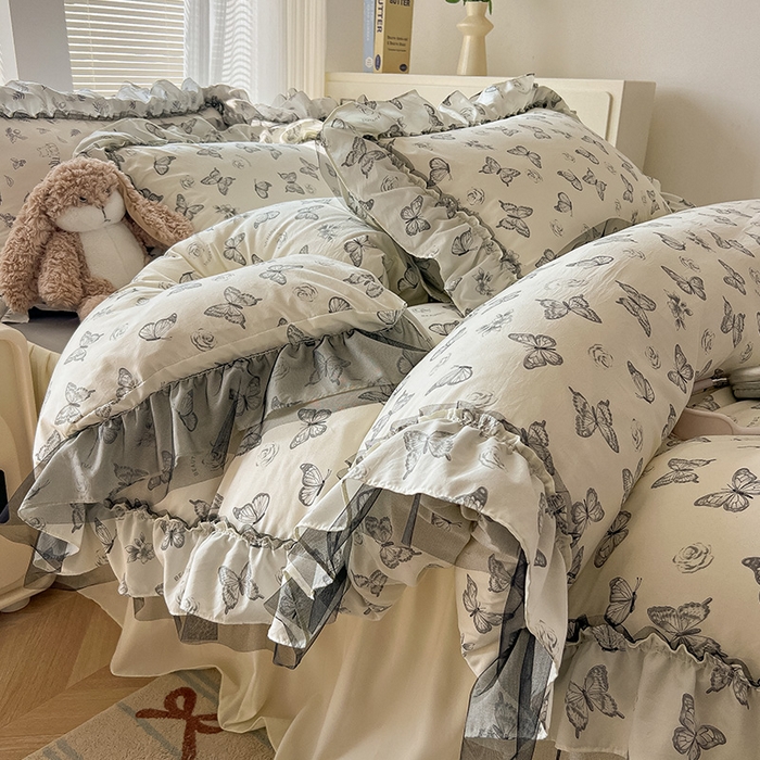 91家纺网 家纺一手货源 找家纺 眠帛家居 2025新款A类法式皱皱纱小清新蕾丝花边四件套 蝶舞