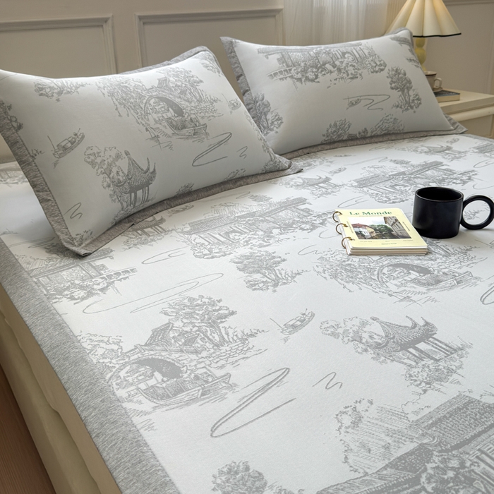 91家纺网 家纺一手货源 找家纺 花漾家居 2025新款A类色织提花PE凉感丝凉席三件套床单床笠款 床单款-江南灰