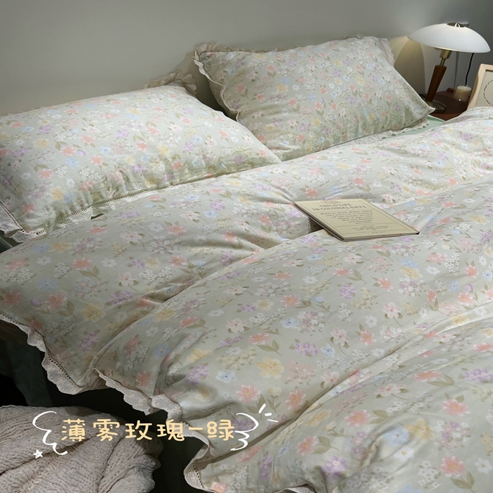 91家纺网 家纺一手货源 找家纺 荣轩2025新款全棉双层纱镂空花边工艺款四件套（铺床版）白桃花茶