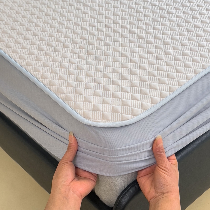 91家纺网 家纺一手货源 找家纺 席世家 2025新款凉感席冰豆豆席子三套件凉席床笠 小方格米咖-床笠款