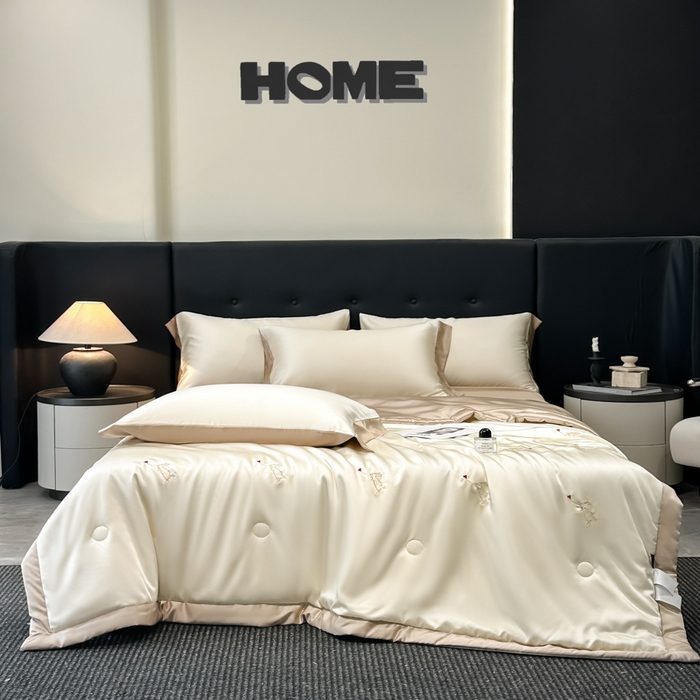 91家纺网 家纺一手货源 找家纺 满羽家纺 2025新款凉感冰丝夏被夏凉被空调被四件套 兔子追爱-奶白咖