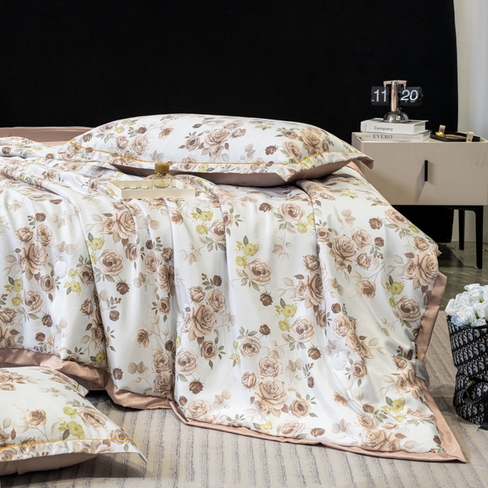 91家纺网 家纺一手货源 找家纺 归属2025新款水洗真丝夏被四件套空调被夏凉被 玫瑰园