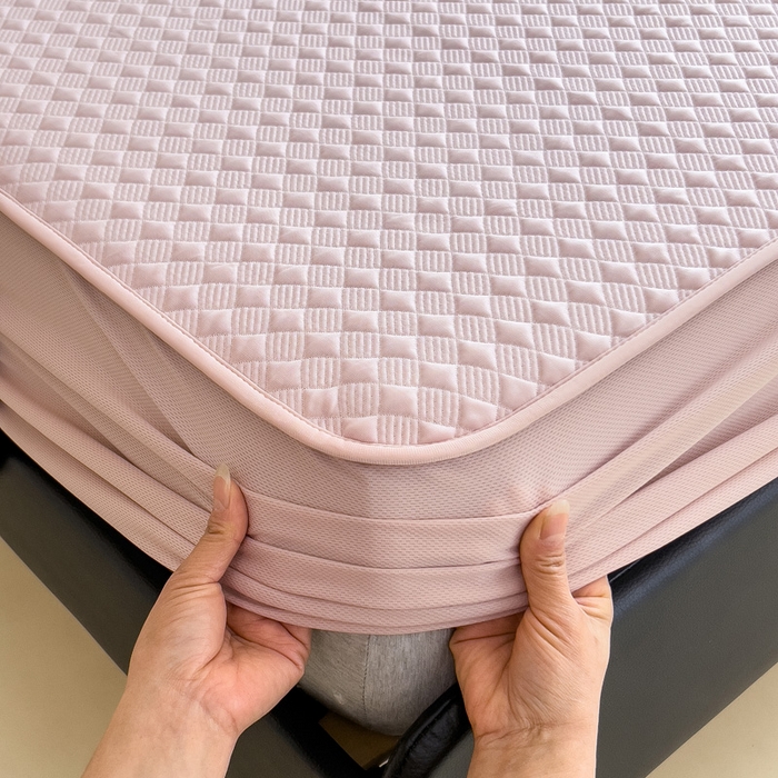 91家纺网 家纺一手货源 找家纺 席世家 2025新款凉感席冰豆豆席子三套件凉席床笠 小方格芙蓉粉-床笠款