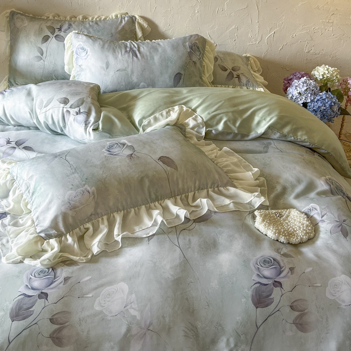 91家纺网 家纺一手货源 找家纺 亲亲公主 2025新款莱赛尔天丝棉玫瑰之恋四件套 玫瑰之恋一绿色