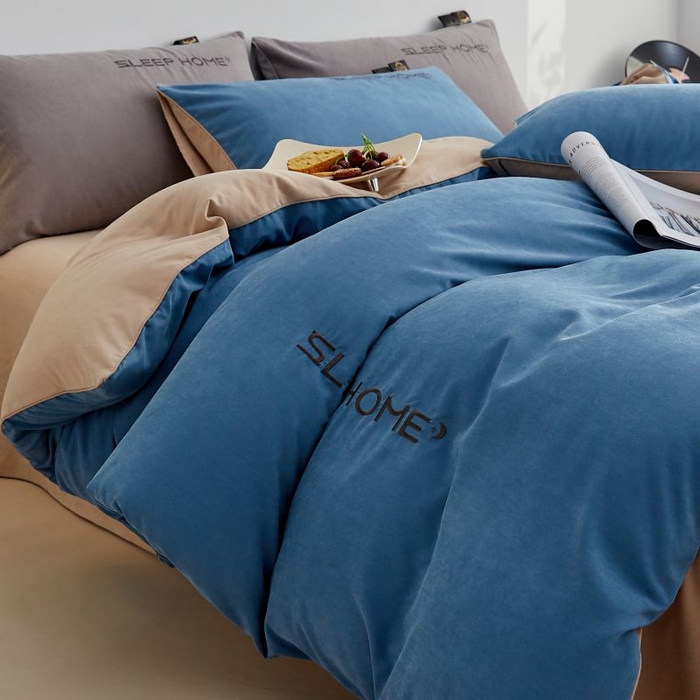 91家纺网 家纺一手货源 找家纺 恋之语 2025新款110克麻绳双拼刺绣四件套 星空蓝+卡其