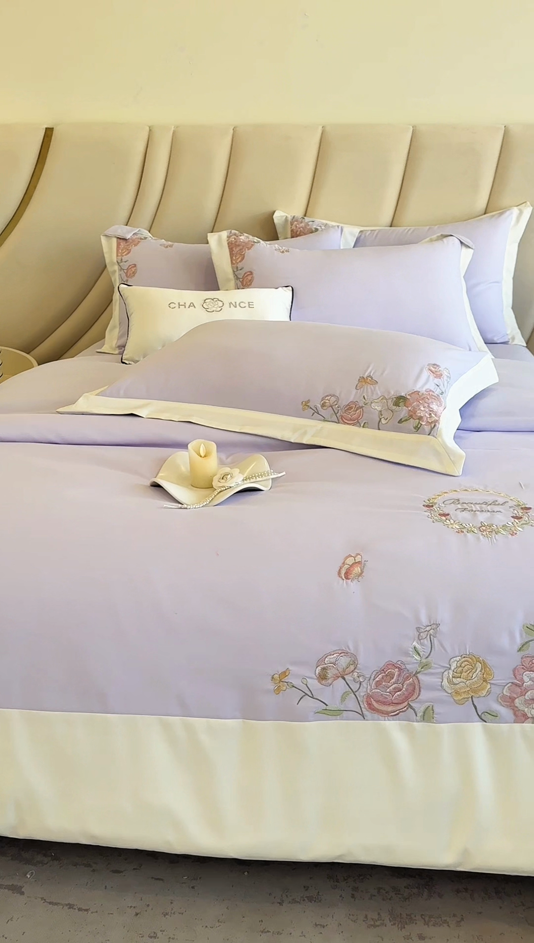 91家纺网 家纺一手货源 找家纺 恋之语 2025新款水洗棉刺绣四件套-伊莉莎 伊莉莎-紫白