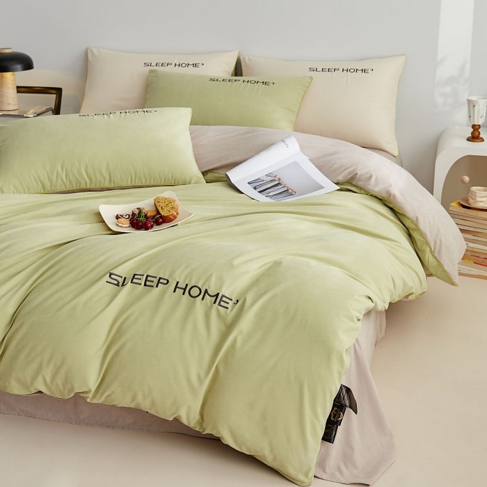 91家纺网 家纺一手货源 找家纺 恋之语 2025新款110克麻绳双拼刺绣单被套 抹茶绿+浅灰