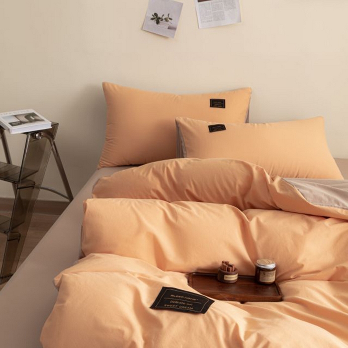 91家纺网 家纺一手货源 找家纺 恋之语 2025新款90克纯色双拼四件套 奶油橙+卡其灰