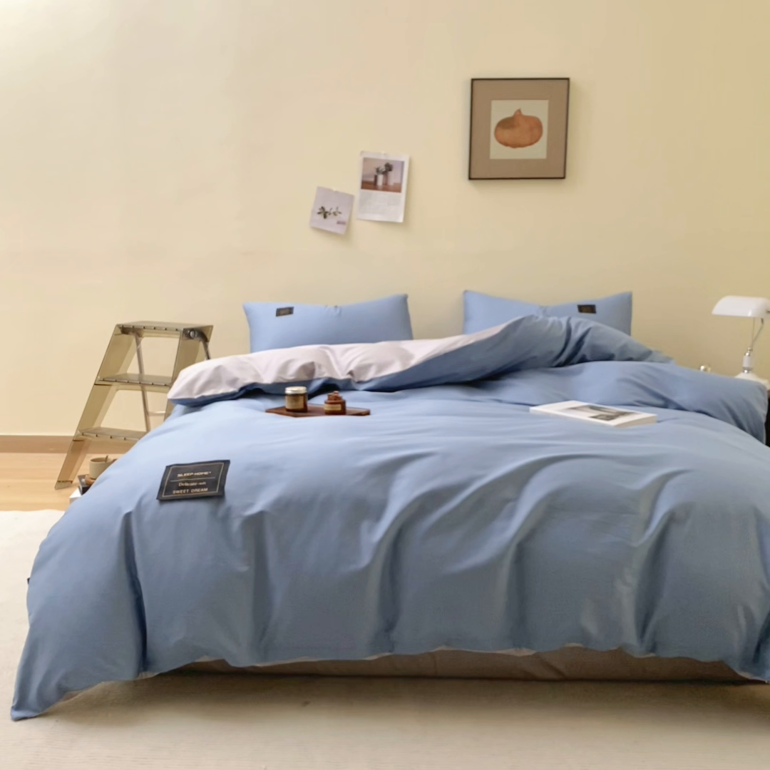 91家纺网 家纺一手货源 找家纺 恋之语 2025新款90克纯色双拼四件套 海洋蓝+浅灰
