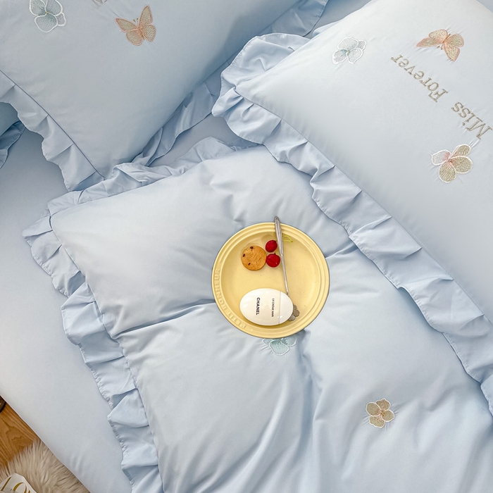 91家纺网 家纺一手货源 找家纺 恋之语 2025新款水洗棉刺绣花边四件套-蝶羽 蝶羽-蓝