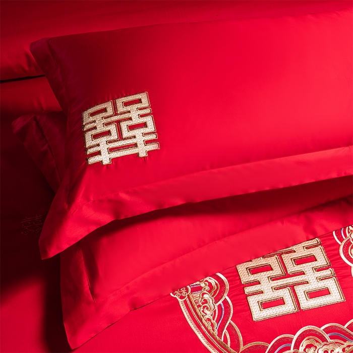 91家纺网 家纺一手货源 找家纺 博之洋婚庆 2025新款全棉长绒棉刺绣新中式婚庆系列多件套 喜气满满