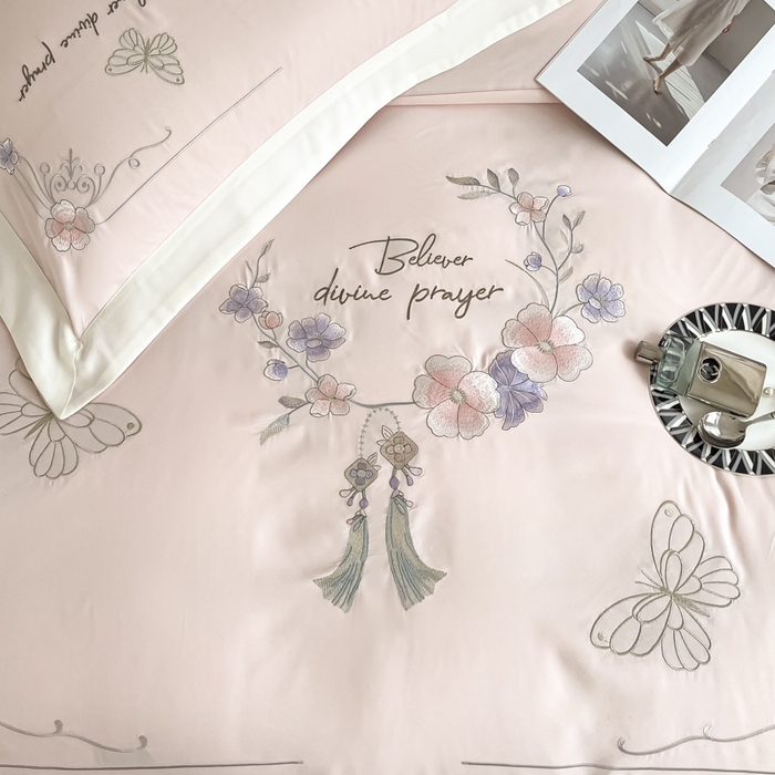 91家纺网 家纺一手货源 找家纺 恋之语 2025新款水洗棉刺绣四件套-锦绣花 锦绣花-浅粉