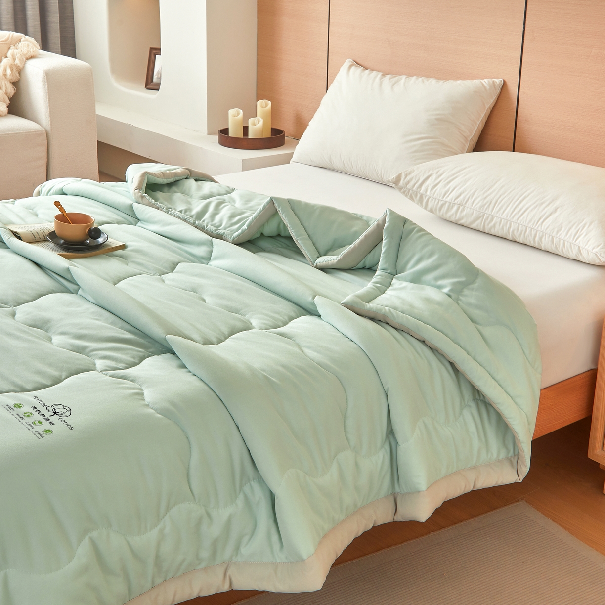 91家纺网 家纺一手货源 找家纺 易博家纺 2025新款格子纯色水洗棉无印风百分百新疆棉花夏被夏凉被被子被芯 冰激凌绿