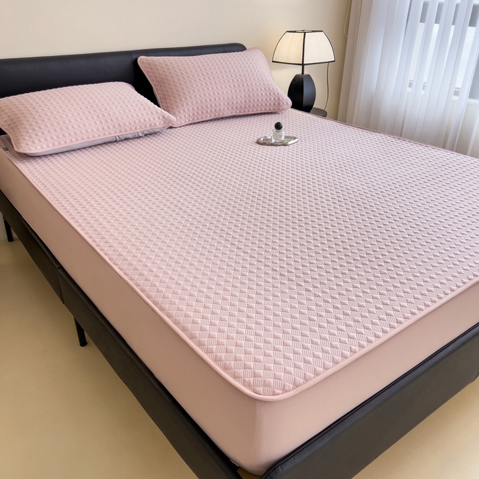 91家纺网 家纺一手货源 找家纺 席世家 2025新款凉感席冰豆豆席子三套件凉席床笠 小方格芙蓉粉-床笠款