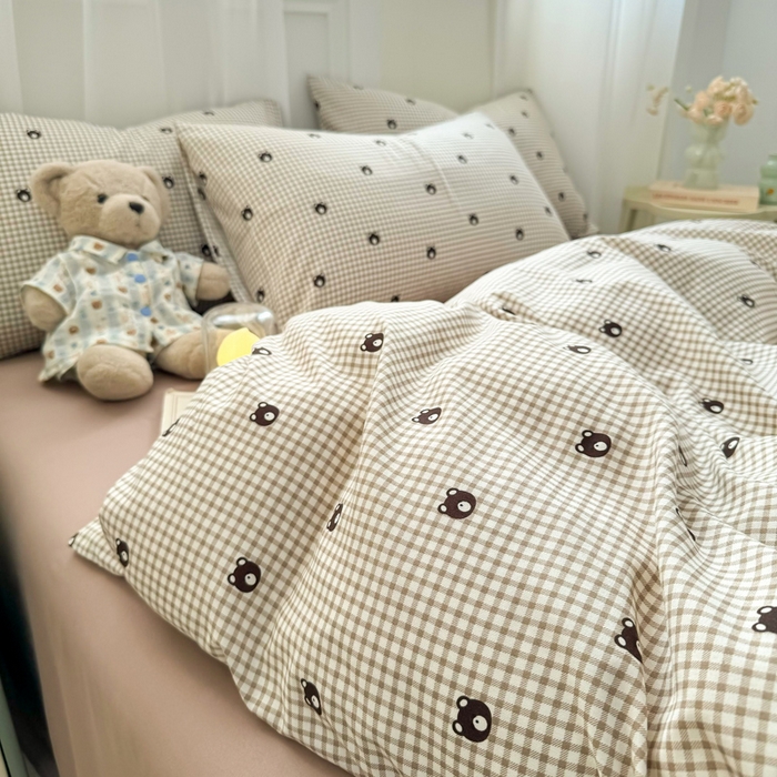 91家纺网 家纺一手货源 找家纺 丝芙妮家居2025新款水洗针织棉双层纱印花四件套 格子熊