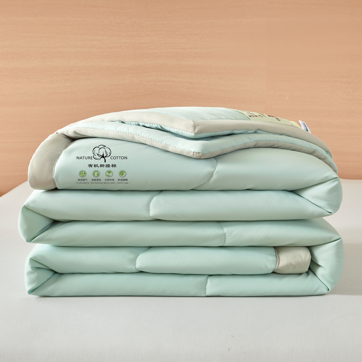 91家纺网 家纺一手货源 找家纺 易博家纺 2025新款格子纯色水洗棉无印风百分百新疆棉花夏被夏凉被被子被芯 冰激凌绿