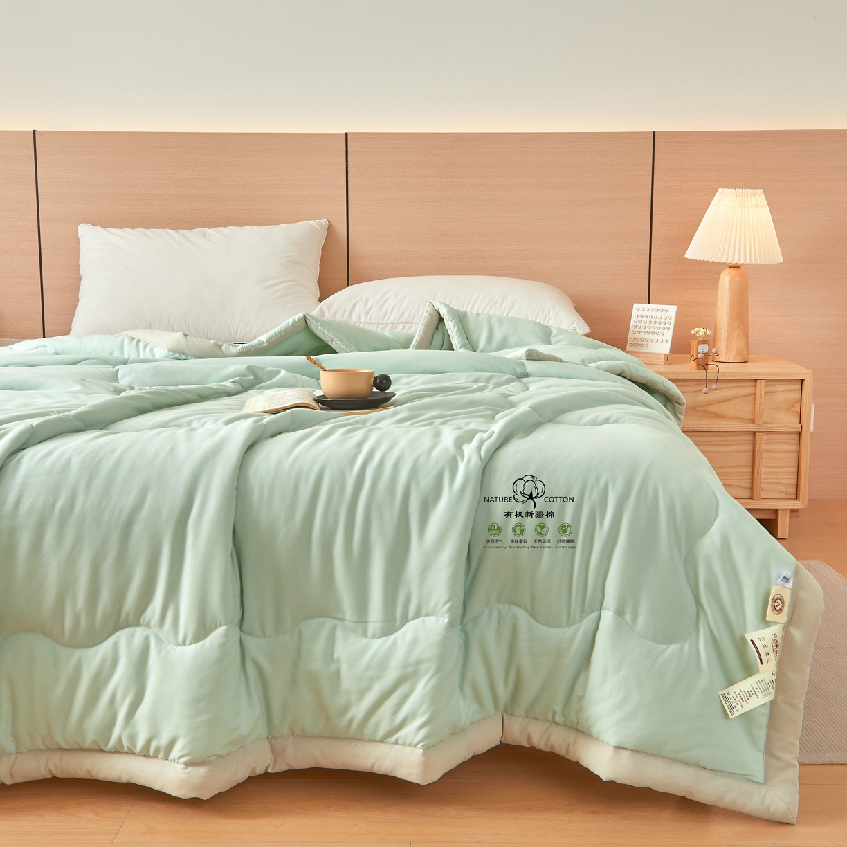91家纺网 家纺一手货源 找家纺 易博家纺 2025新款格子纯色水洗棉无印风百分百新疆棉花夏被夏凉被被子被芯 冰激凌绿