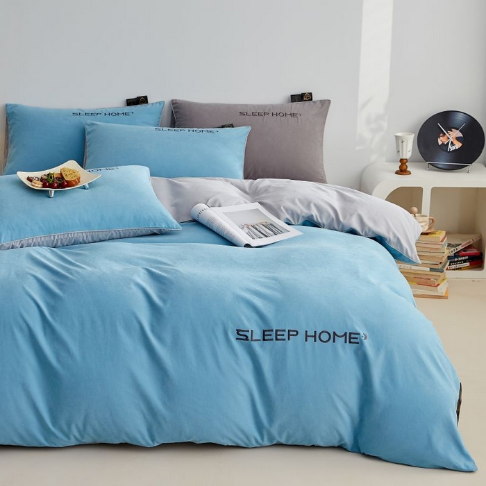 91家纺网 家纺一手货源 找家纺 恋之语 2025新款110克麻绳双拼刺绣四件套 天蓝+浅灰