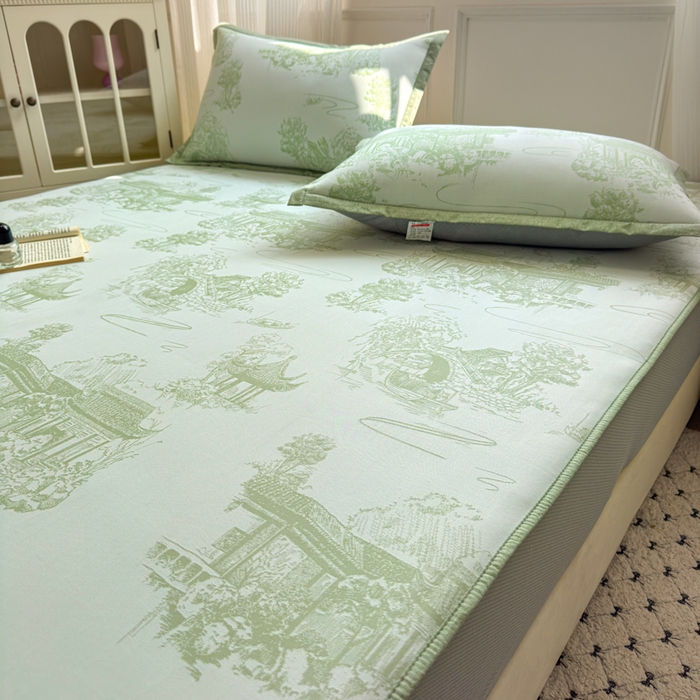 91家纺网 家纺一手货源 找家纺 花漾家居 2025新款A类色织提花PE凉感丝凉席三件套床单床笠款 床笠款-江南绿