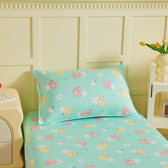 91家纺网 家纺一手货源 找家纺 ds生活馆 2025新款儿童纯棉精梳棉系列单床笠 星星恐龙绿