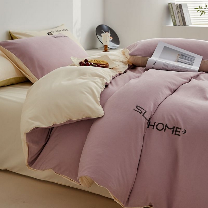 91家纺网 家纺一手货源 找家纺 恋之语 2025新款110克麻绳双拼刺绣四件套 香芋紫+米黄