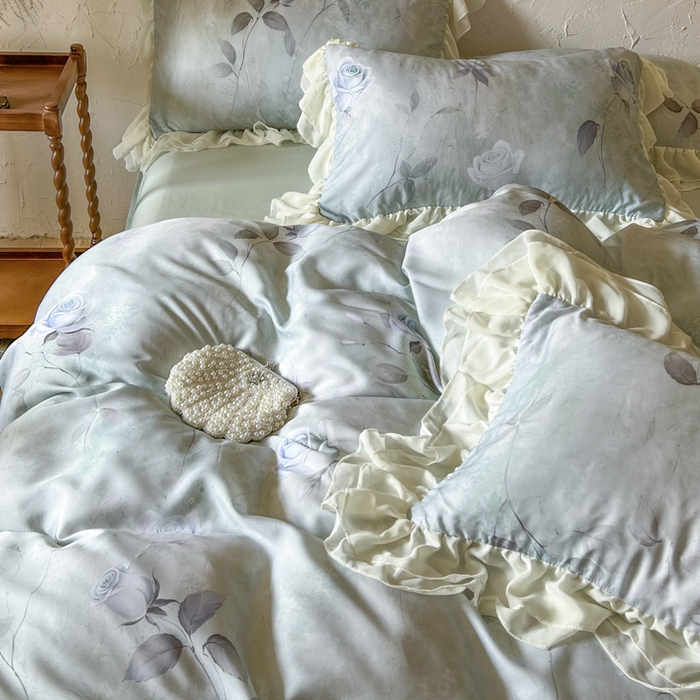 91家纺网 家纺一手货源 找家纺 亲亲公主 2025新款莱赛尔天丝棉玫瑰之恋四件套 玫瑰之恋一绿色