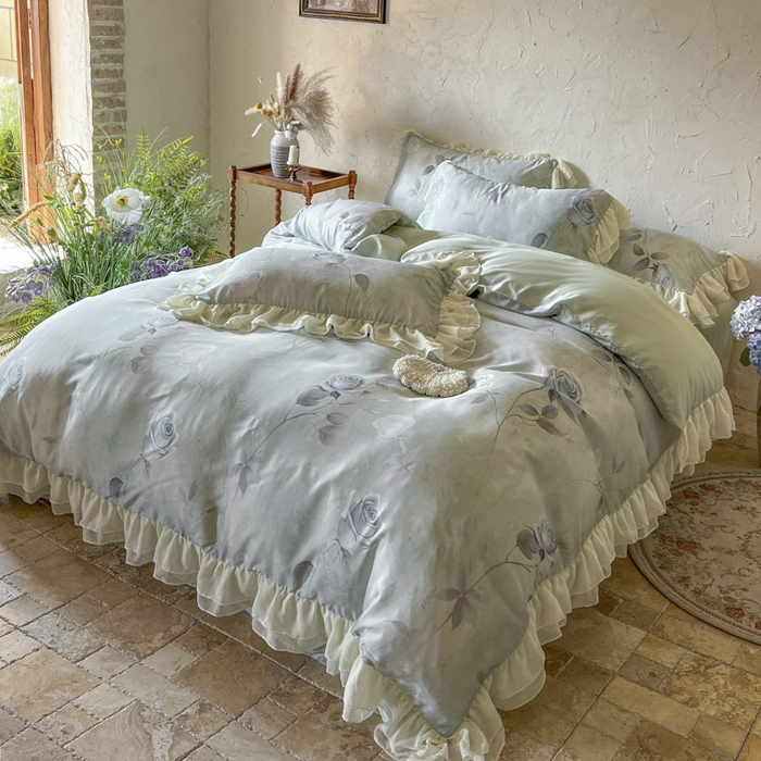 91家纺网 家纺一手货源 找家纺 亲亲公主 2025新款莱赛尔天丝棉玫瑰之恋四件套 玫瑰之恋一绿色