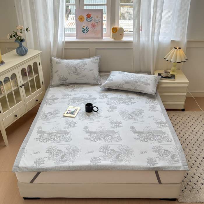 91家纺网 家纺一手货源 找家纺 花漾家居 2025新款A类色织提花PE凉感丝凉席三件套床单床笠款 床单款-江南灰