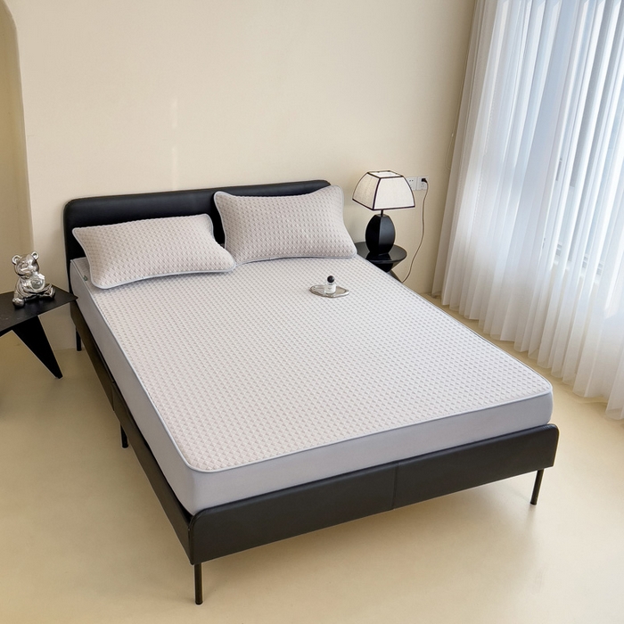 91家纺网 家纺一手货源 找家纺 席世家 2025新款凉感席冰豆豆席子三套件凉席床笠 小方格米咖-床笠款