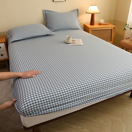 绒多多 2025新款简约水洗棉色织床笠 蓝小格