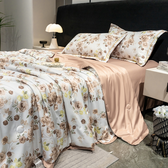 91家纺网 家纺一手货源 找家纺 归属2025新款水洗真丝夏被四件套空调被夏凉被 玫瑰园