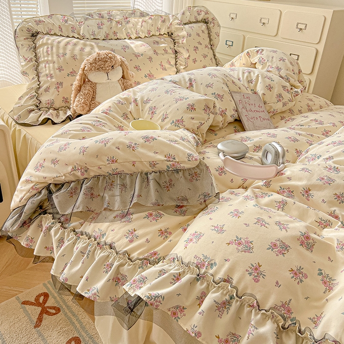 91家纺网 家纺一手货源 找家纺 眠帛家居 2025新款A类法式皱皱纱小清新蕾丝花边四件套 芬芳