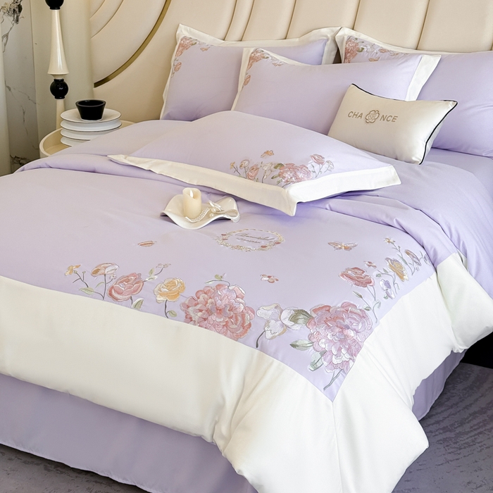 91家纺网 家纺一手货源 找家纺 恋之语 2025新款水洗棉刺绣四件套-伊莉莎 伊莉莎-紫白