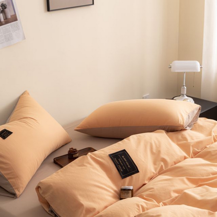 91家纺网 家纺一手货源 找家纺 恋之语 2025新款90克纯色双拼四件套 奶油橙+卡其灰