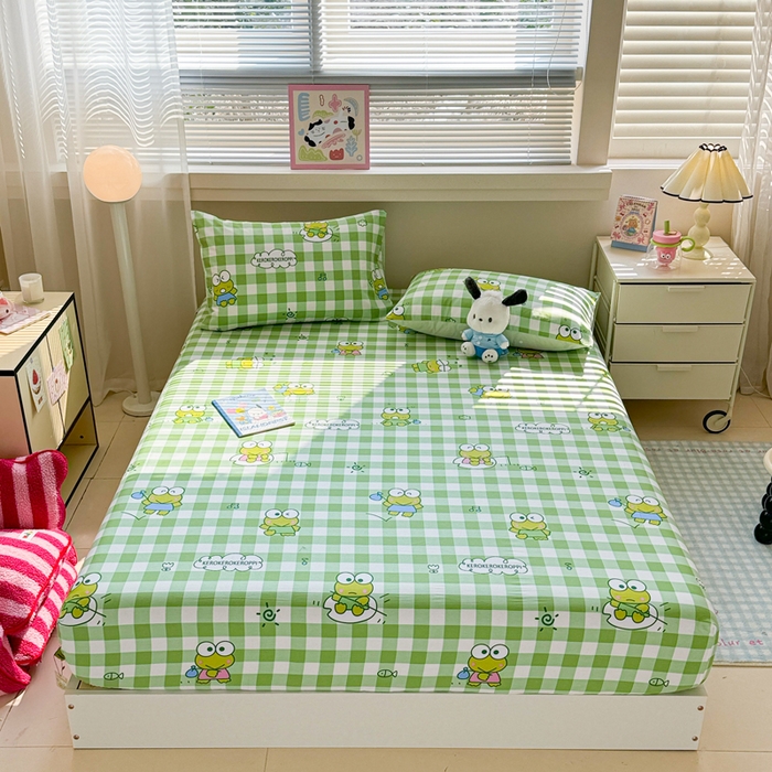 91家纺网 家纺一手货源 找家纺 呗旺鹿 2025新款正版三丽鸥全棉13372单品床笠 格子大眼蛙