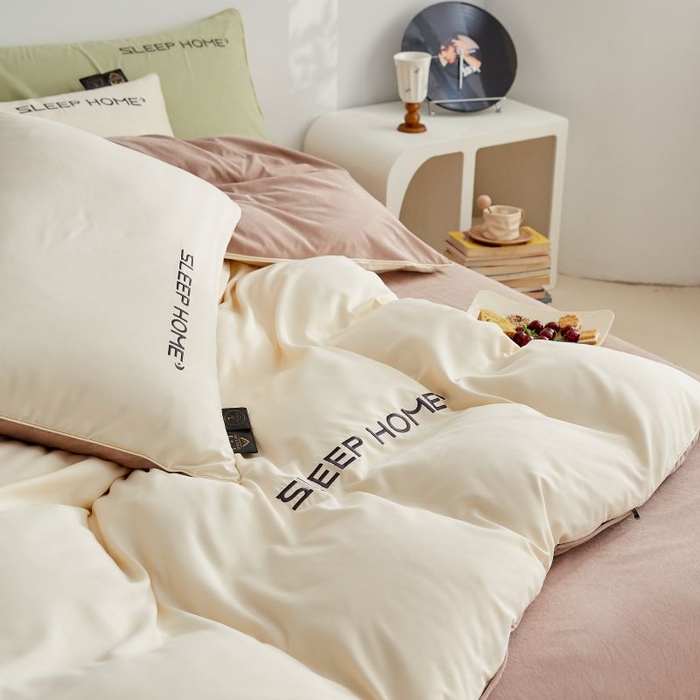 91家纺网 家纺一手货源 找家纺 恋之语 2025新款110克麻绳双拼刺绣单被套 米黄+浅咖