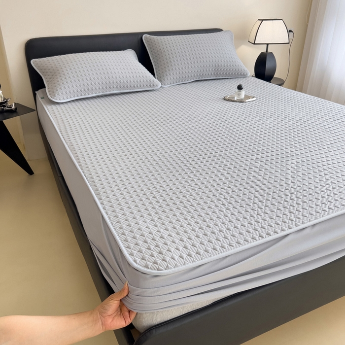 91家纺网 家纺一手货源 找家纺 席世家 2025新款凉感席冰豆豆席子三套件凉席床笠 小方格珍珠灰-床笠款