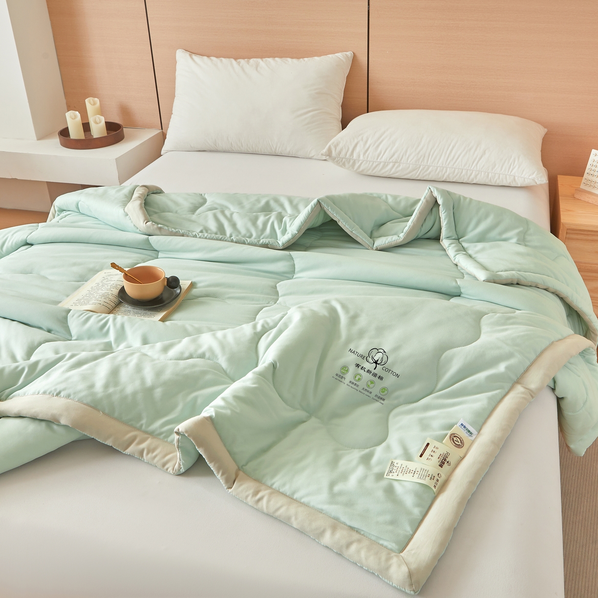 91家纺网 家纺一手货源 找家纺 易博家纺 2025新款格子纯色水洗棉无印风百分百新疆棉花夏被夏凉被被子被芯 冰激凌绿