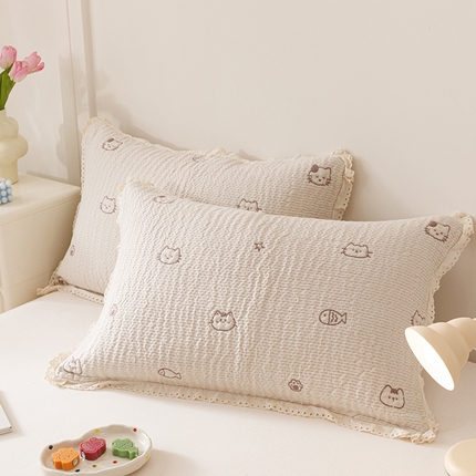 麻依 2025新款韩国纱布色织提花枕套柔软顺滑 小猫鱼