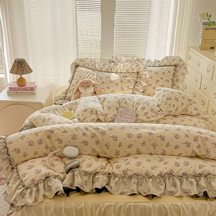 91家纺网 家纺一手货源 找家纺 眠帛家居 2025新款A类法式皱皱纱小清新蕾丝花边四件套 芬芳