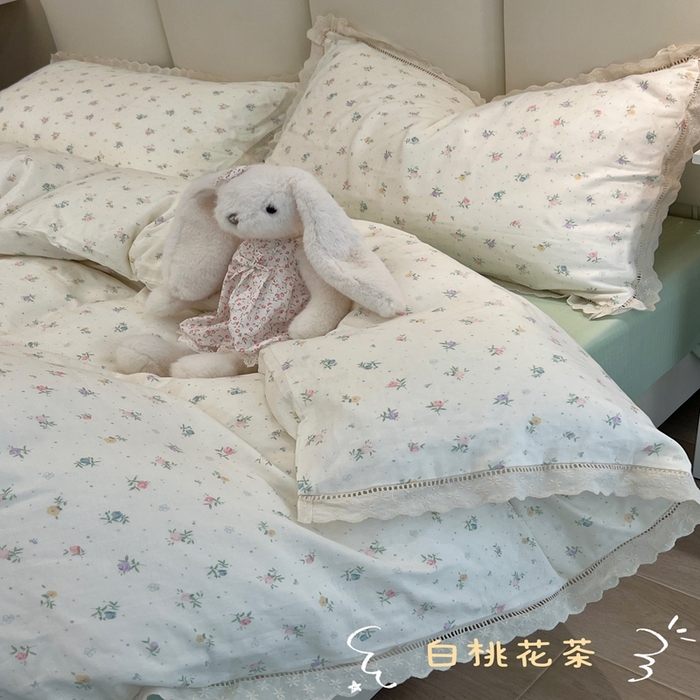 91家纺网 家纺一手货源 找家纺 荣轩2025新款全棉双层纱镂空花边工艺款四件套（铺床版）白桃花茶